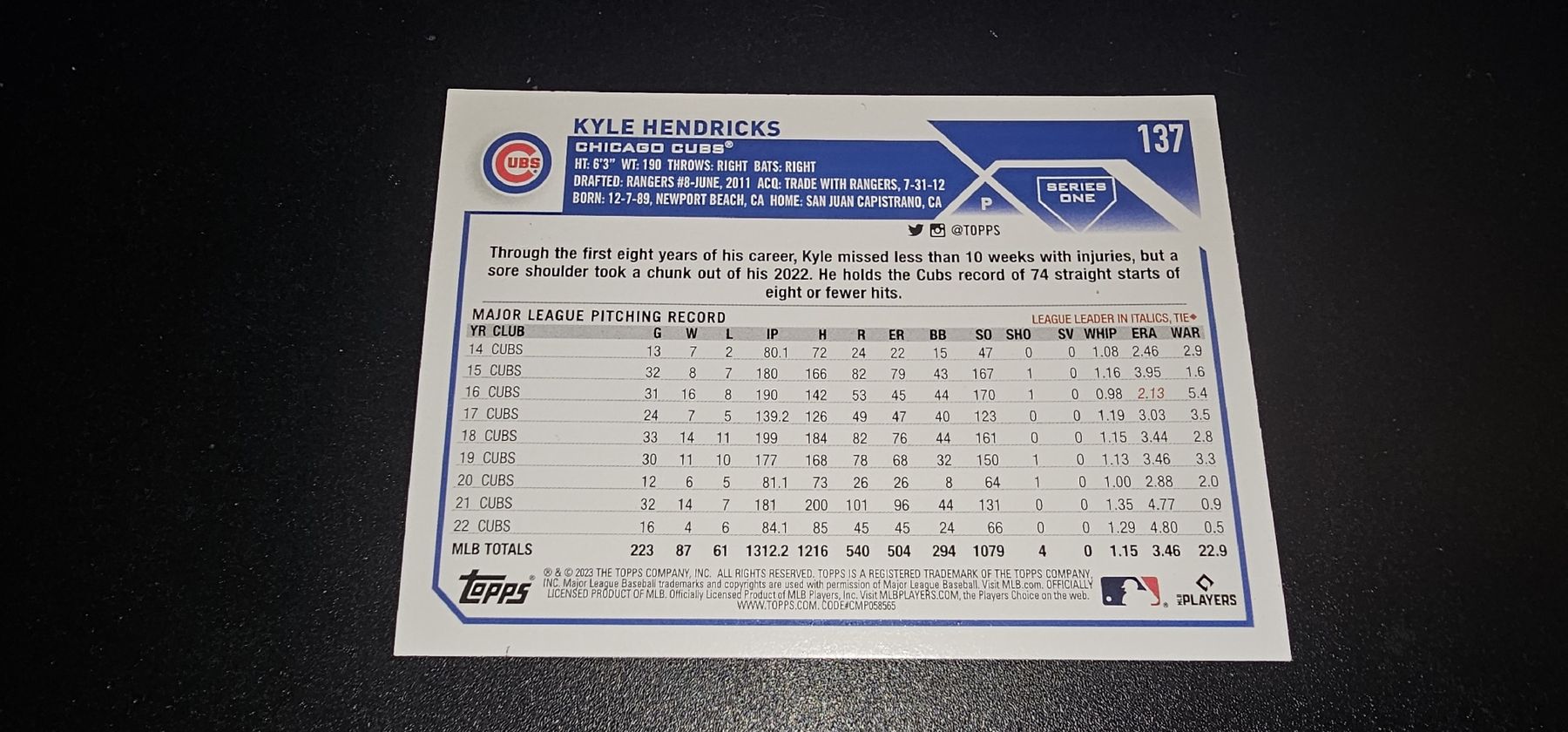 Topps Carte collezionabili: Kyle Hendricks Chicago Cups 137 topps – Nuovo (secondo la descrizione) da Zollikofen venduto da TonisRetroResale 1