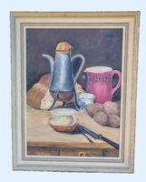 Gemälde Stillleben mit Kaffee und Brot im Rahmen 