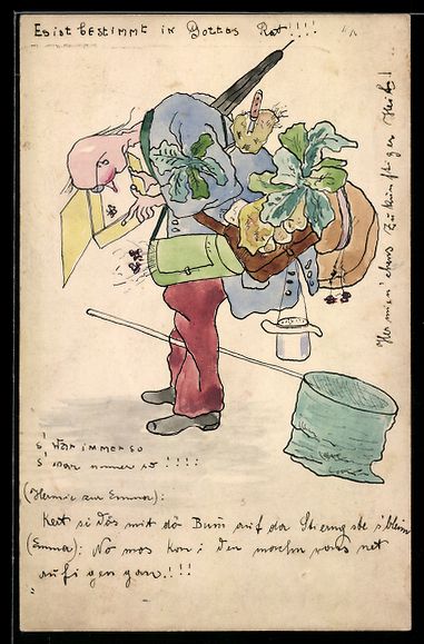 Cartes postales: Handgemalt: Schwerbepackter Mann mit Ins – D'occasion à Berlin par bartko-reher