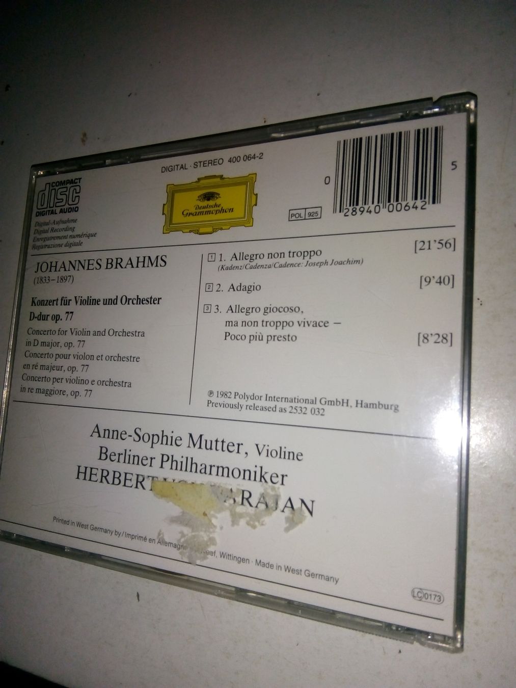 CDs: Brahms: Violinkonzert - Berliner Philharmoniker  ©'1982 – Gebraucht aus St. Gallen von elk2021 2