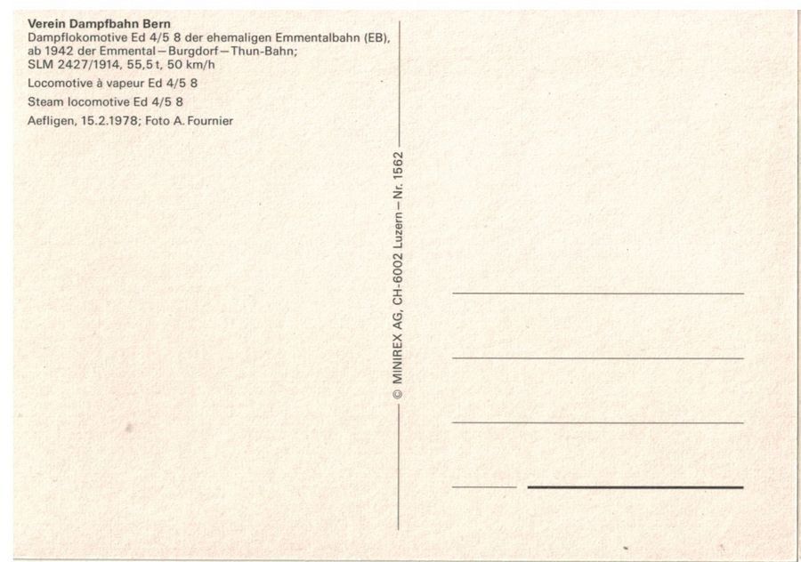 Cartoline postali: Verein Dampfbahn Bern - Dampflok Ed 4/5 8 – Usato da Frauenfeld venduto da POML 1