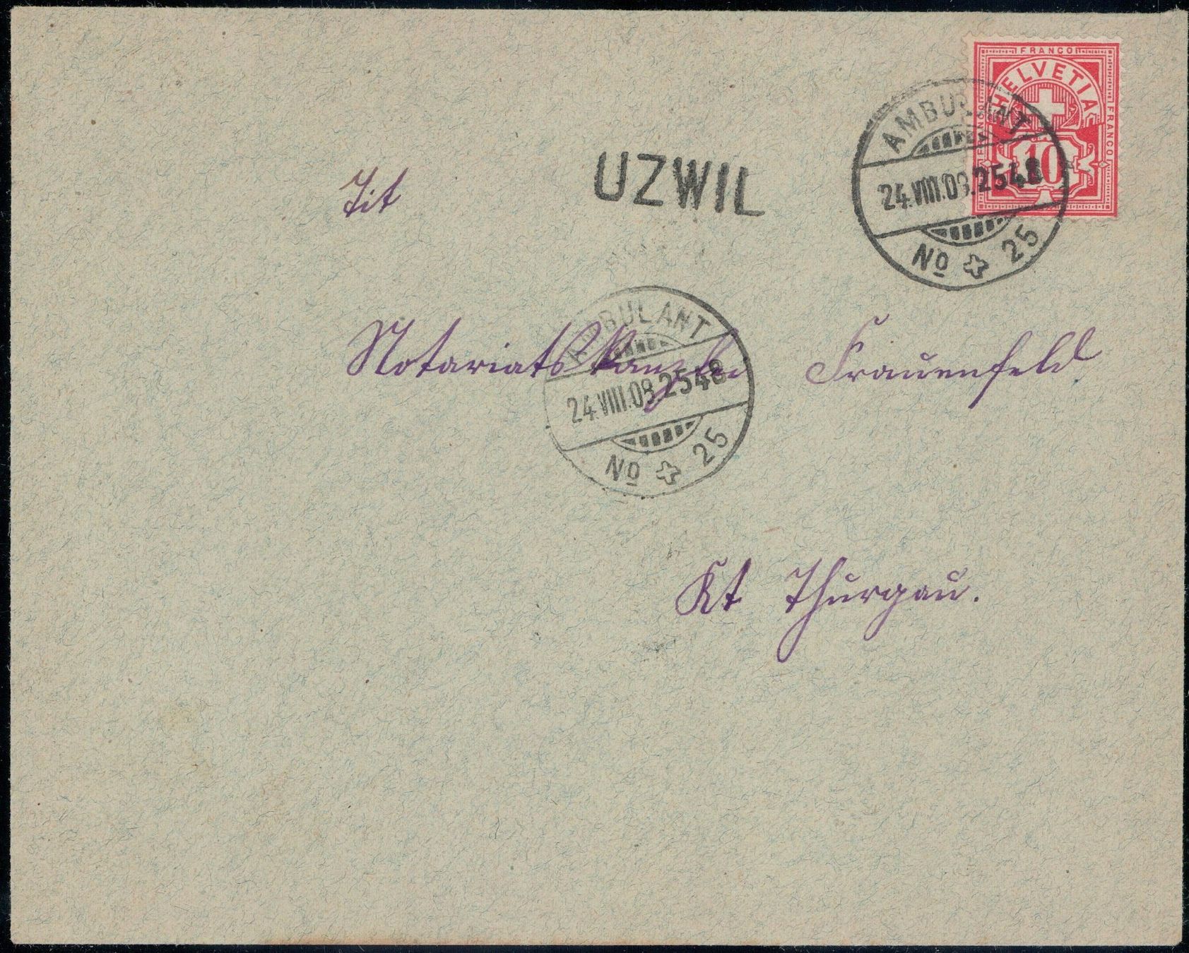 Tutti i francobolli: Ziffermuster 1908, Bahnpoststempel v. UZWIL + Ambulant – Usato da Horw venduto da pilatusmail