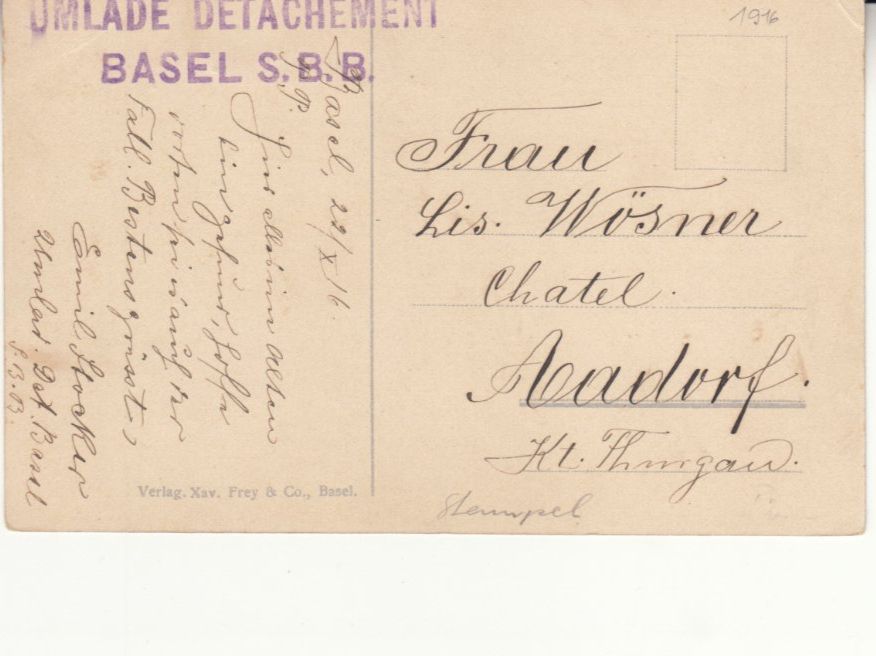 Cartoline postali: Basel Strassb.denkmal 1916, ST Umlade Detachement Basel SBB – Usato da Bürglen TG venduto da StampGraf 1