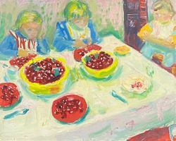 Karl Landolt. Drei Mädchen am Küchentisch, 1962. Öl/Holz