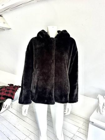 ZARA schwarze Faux-Fur Jacke mit Kapuze  Gr. L