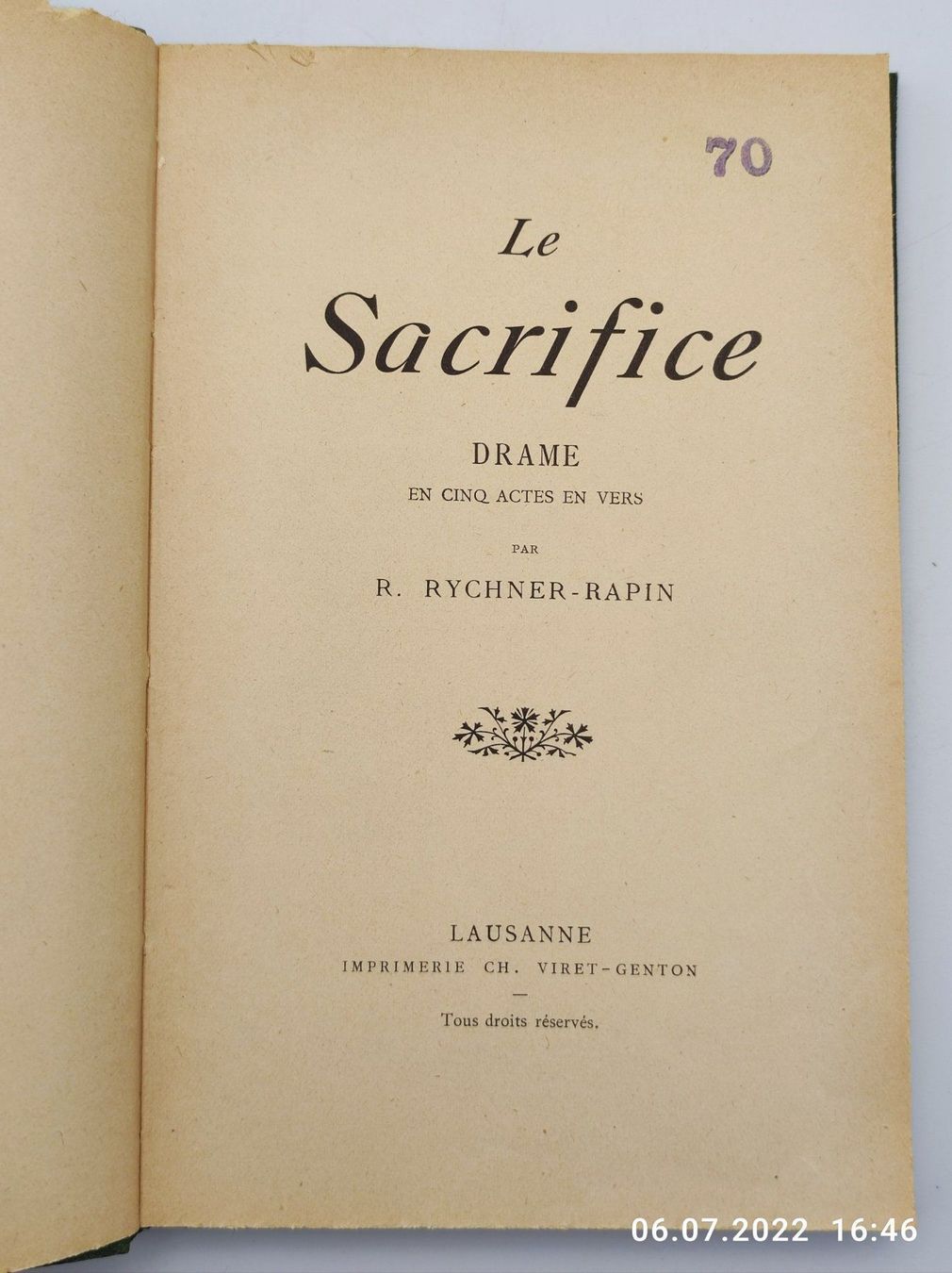 Livres: ROBERT RYCHNER - LE SACRIFICE - 1895 – D'occasion à Goldach par Gaip
