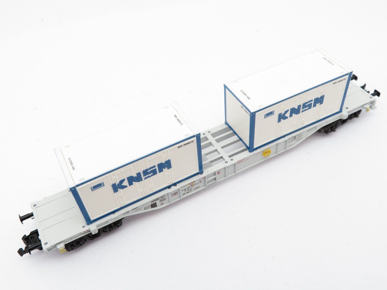 Fleischmann Modellini di ferrovie: Minitrix Spur N 4achs. Flachwagen mit 2x Container "KNSM" – Usato da Unterengstringen venduto da b.kaiser81