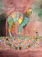 Original Aquarell "die bunte Katze in ihrer bunten Welt"