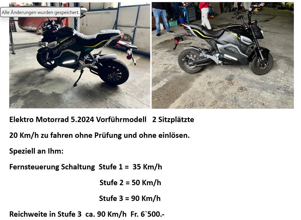 Veicoli elettrici: MOTORRAD ELEKTRICK OHNE PRÜFUNG – Usato da Avenches venduto da BOOTTRANSPORTE 1