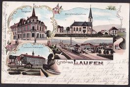 Laufen farbige Lithografie 4 Bilder Post Bahnhofquartier etc