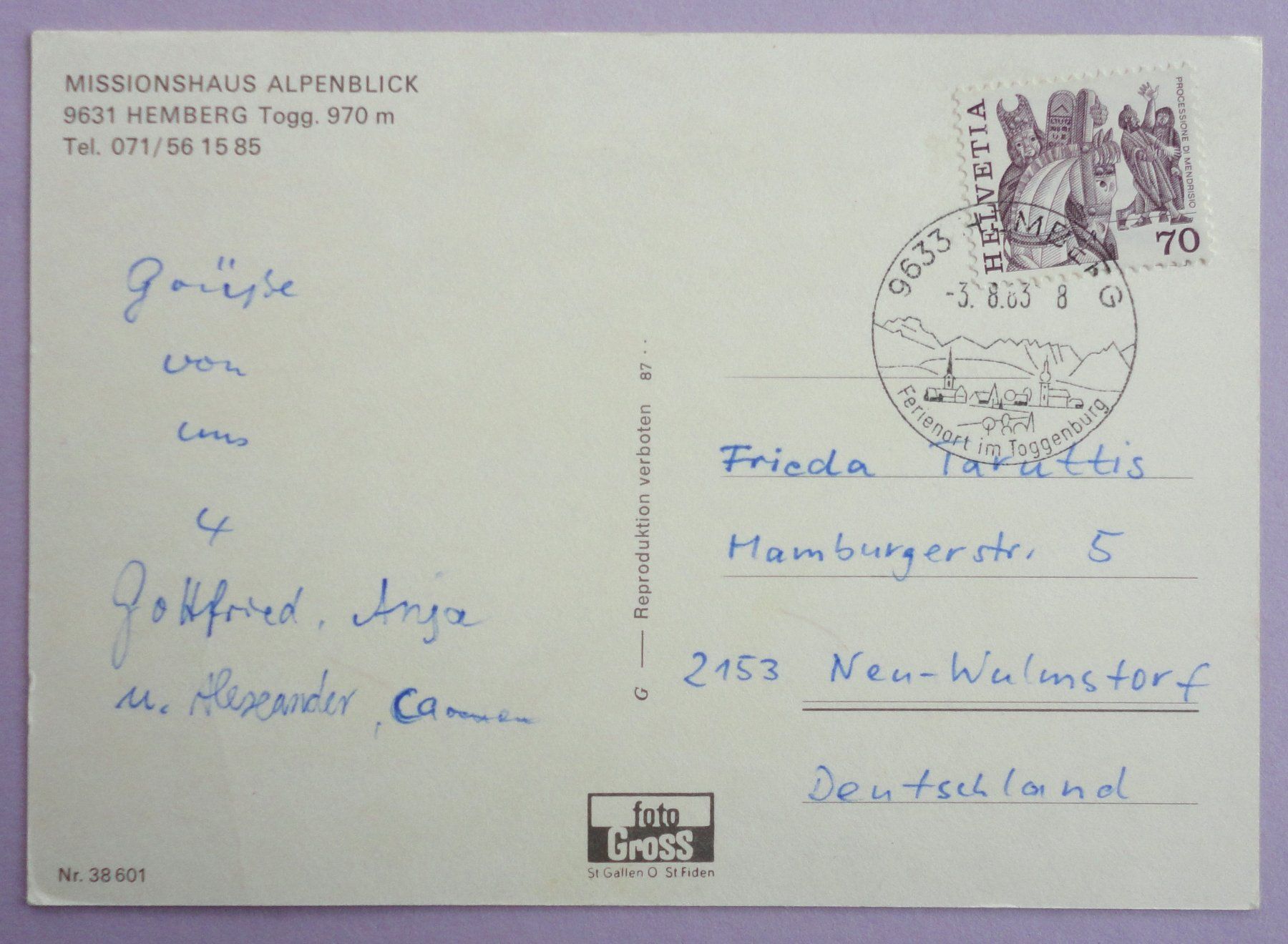 Cartoline postali: Missionshaus Alpenblick, Hemberg Togg. 970 m – Usato da Fétigny venduto da Billy2miny 1