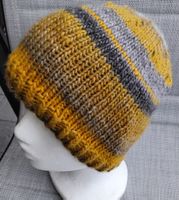 Gestrickte Mütze senf grau gefüttert NEU