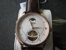 Herrn-Uhr, mechanisch, Rosé-Vergoldet, Automat, Mondphase