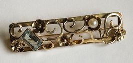 Gold-Brosche mit Aquamarin & Perle 585 Gelbgold  Antik
