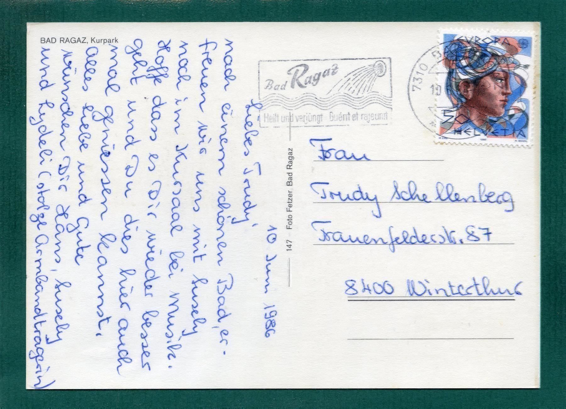 Cartoline postali: Bad Ragaz, Kurpark, 1986, gelaufen, Grossformat – Usato da Sargans venduto da Hausi1951 1