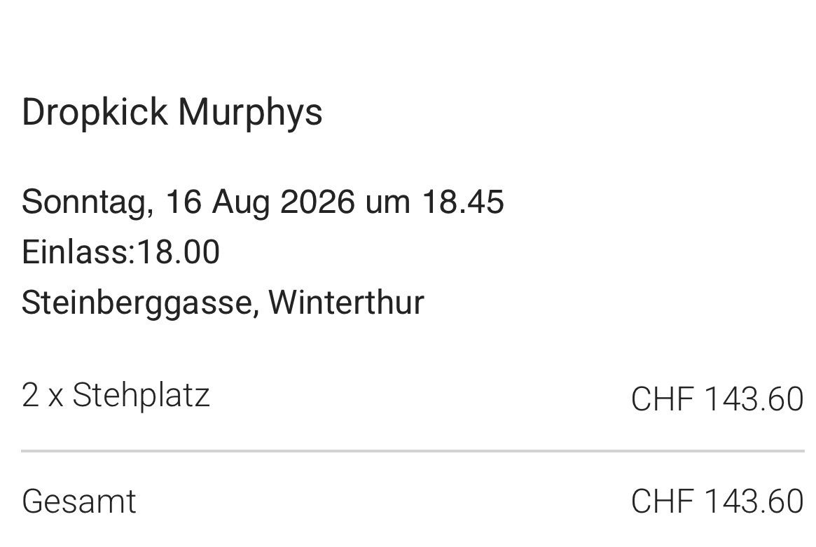 Biglietti: Tickets Dropkick Murphy Musikfestwochen Winterthur – Nuovo e nell'imballaggio originale da Wallisellen venduto da algiz