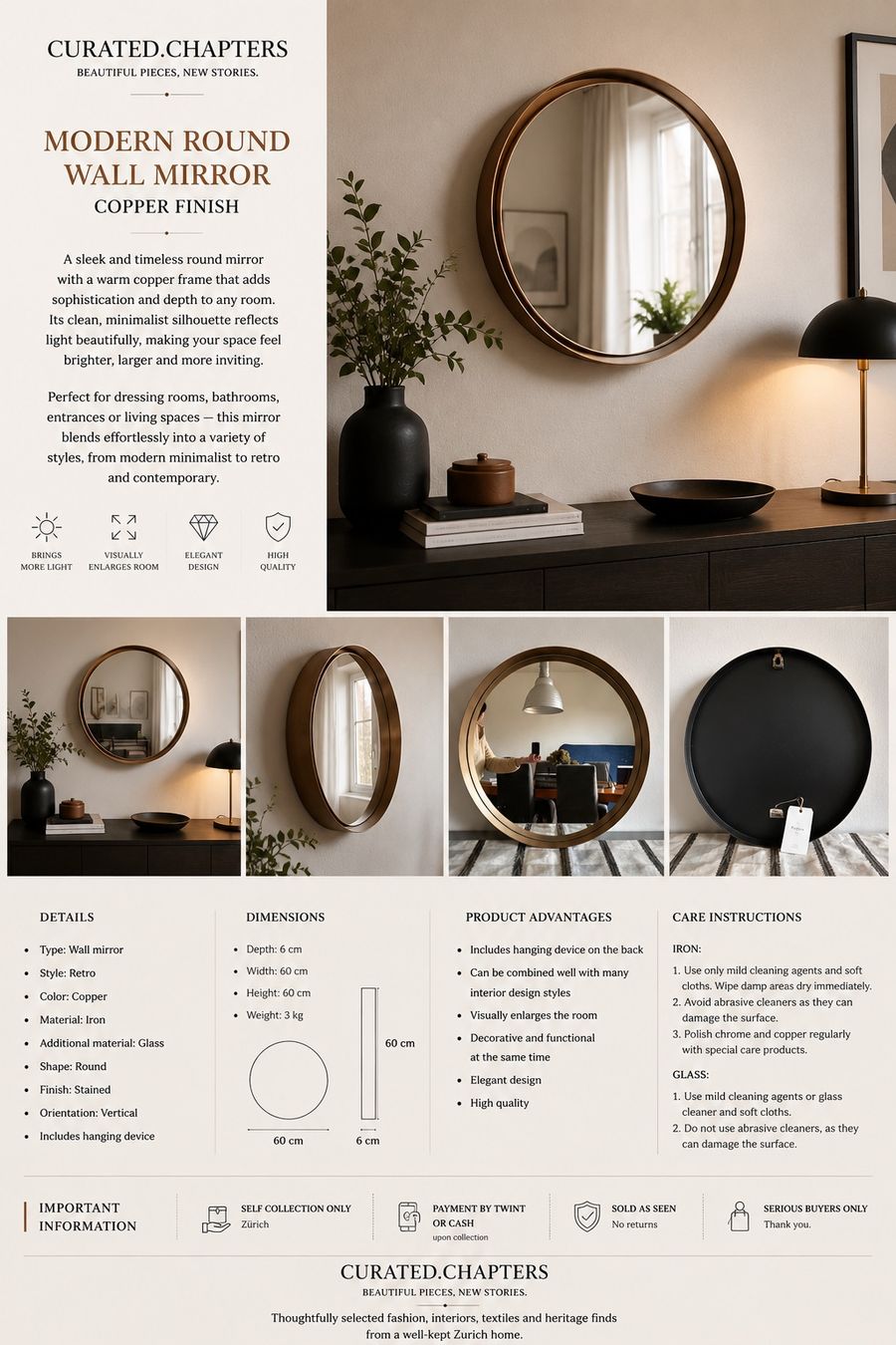 Pfister Spiegel: Round Copper Wall Mirror - Stylish Home Decor - Chic Look! – Gebraucht aus Zürich von Curated.Chapters