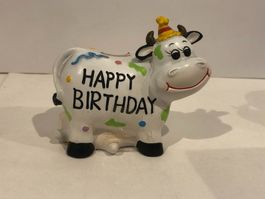 Tire-lire statuette vache Happy Birthday souvenir Suisse