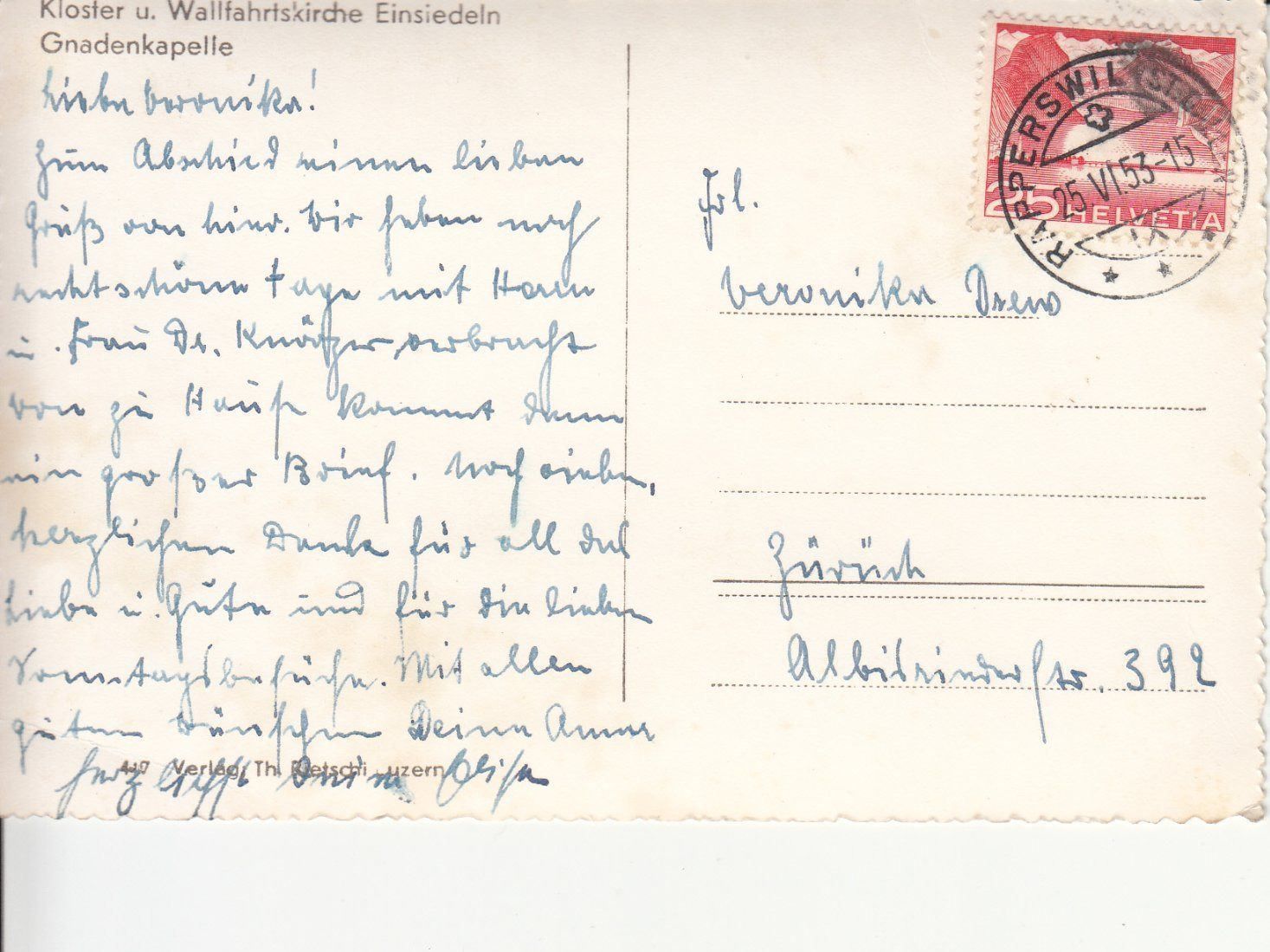 Ansichtskarten: Einsiedeln Gnadenkapelle 1953 – Gebraucht aus Bürglen TG von StampGraf 1