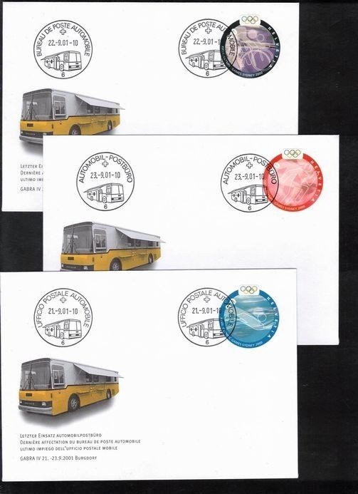 Alle Briefmarken: 2001  FDC Letzter Einsatz Postbüro mit Olympiade Sydney 2000 – Gebraucht aus Rheinau von loxis