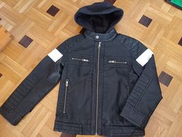 Kinder Lederjacke schwarz mit abnehmbarer Textilkapuze Gr134