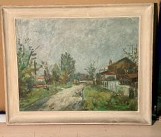 Vintage Framed Landscape Painting - Country Road Scene