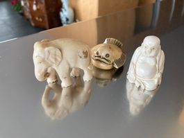 3x alte NETSUKE Elefant Vogel Buddha, Japan