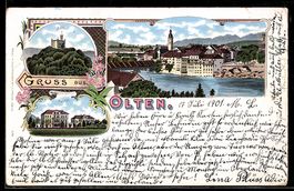 Lithographie Olten, Spital, Burg Sali und Teilansicht mit Ki