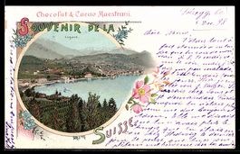 Lithographie Lugano, Totalansicht aus der Vogelschau mit Ber
