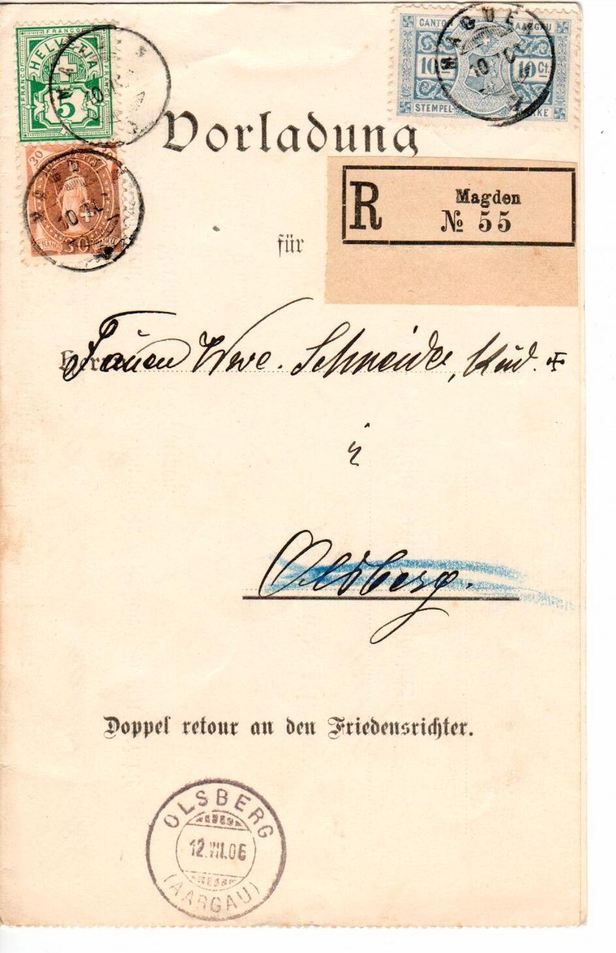 Tutti i francobolli: Vorladung Magden - Olsberg 1906 – Usato da Wolhusen venduto da Curver9