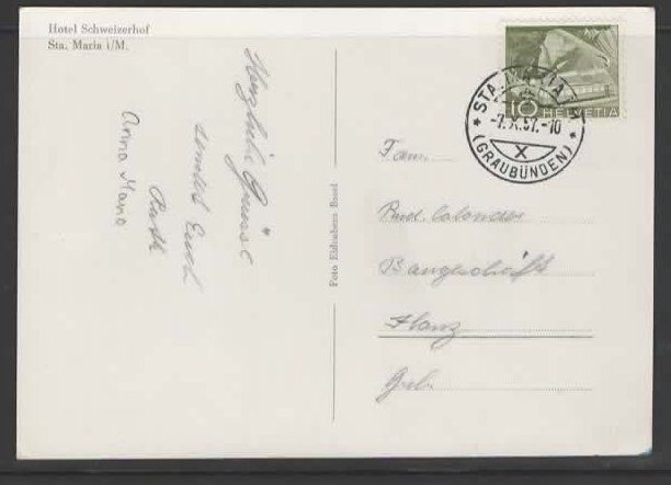 Cartes postales: STA.MARIA, HOTEL SCHWEIZERHOF  1957   (K – D'occasion à Ruggell par Masescha 1