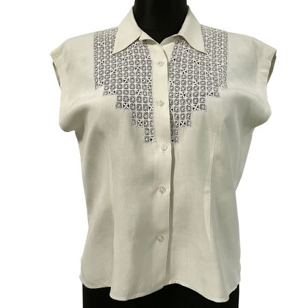 Bluse Top ecru Seide Gr. L/XL mit Stickerei Vintage 1950s