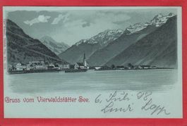 VIERWALDSTÄTTERSEE, FLÜELEN IM MONDSCHEIN, LITHO 1898