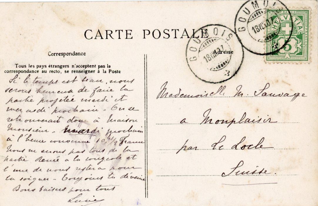 Ansichtskarten: Goumois   JU       en 1907 – Gebraucht aus Brig von Valcards54 1
