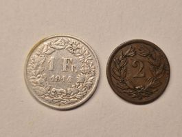 Schweizer Münzen Numismatik Silber Kupfer 2 Rappen 1 Franken