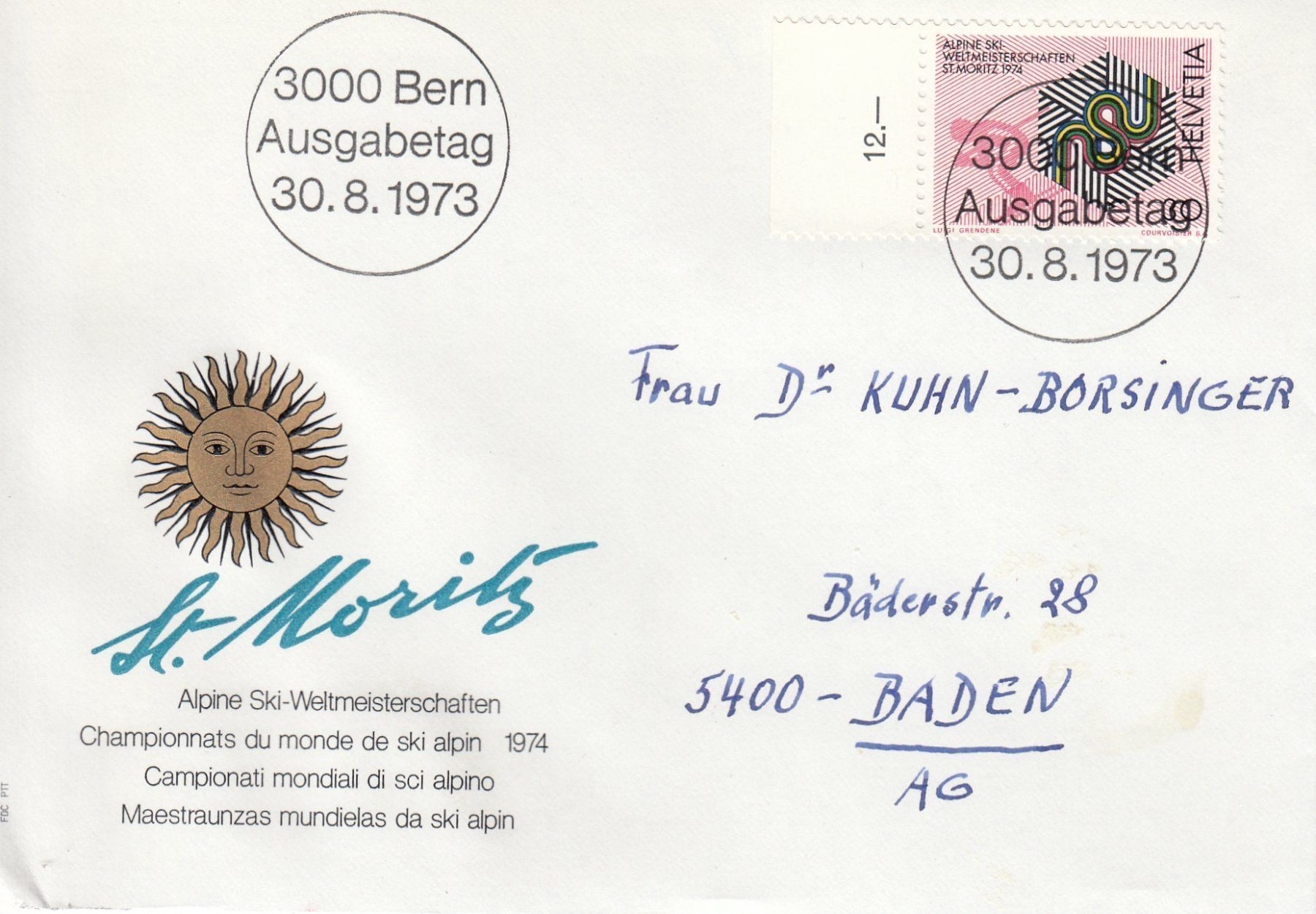 Tutti i francobolli: 1973 St. Moritz Alpine Ski Weltmeisterschaft 1974 FDC – Usato da Spreitenbach venduto da Mustang_1105