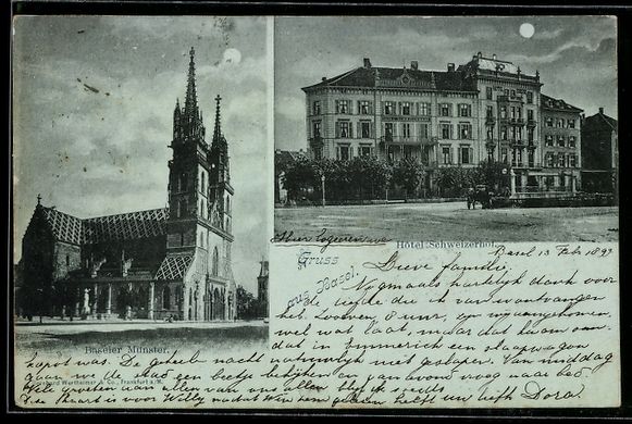 Cartoline postali: Mondschein-AK Basel, Münster und Hotel  – Usato da Berlin venduto da bartko-reher
