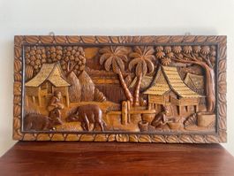 Panneau Sculpture en Relief Scène Villageoise Thaïlande