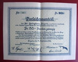 Darlehensanteil Alt-Zwingliana Luzern 20 Franken 1936