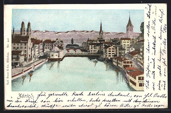 Cartoline postali: Zürich, Teilansicht mit Kirchen, 1899 – Usato da Berlin venduto da bartko-reher