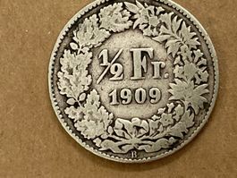 SVIZZERA 1/2  FR MONETA IN ARGENTO 1909 usata - circolata