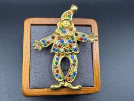 Vintage goldene Clown Brosche mit mehrfarbigen Strasssteinen