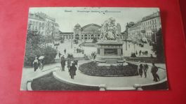 AK Basel Strassburger Denkmal mit Bahnhof belebt 1907