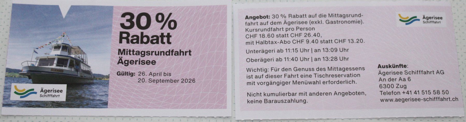 Buoni: 30 % Rabatt Mittagrundfahrt Ägerisee bis 20.09.2026 – Nuovo e nell'imballaggio originale da Wettingen venduto da Licht08