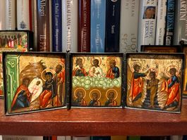 Icona da viaggio antica, arte sacra russa.