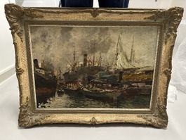 Ölgemälde Hafen mit Schiffen gerahmter Zustand gut