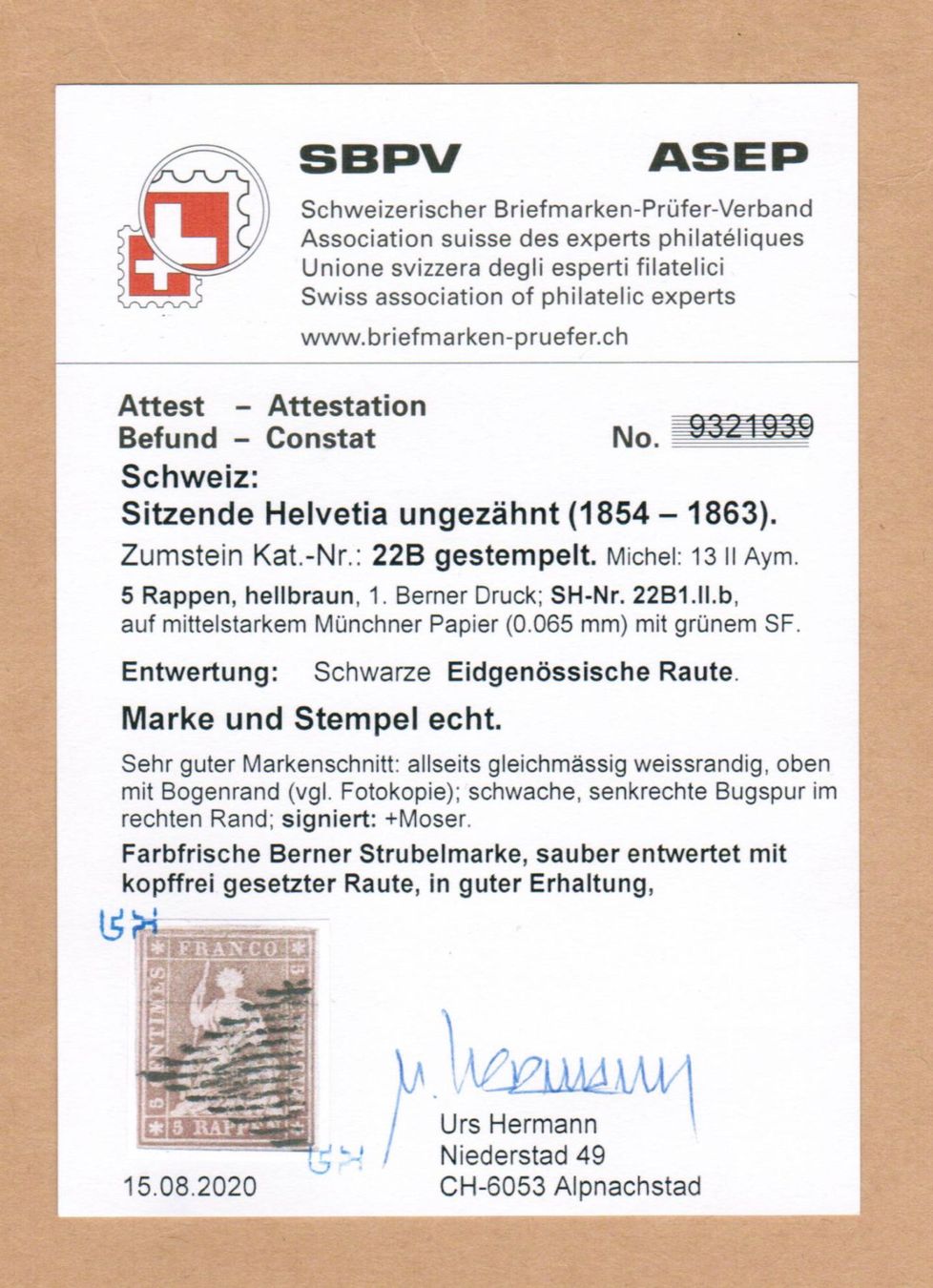 Tutti i francobolli: Strubel 22B - Attest Hermann – Usato da Bern venduto da peri02 2