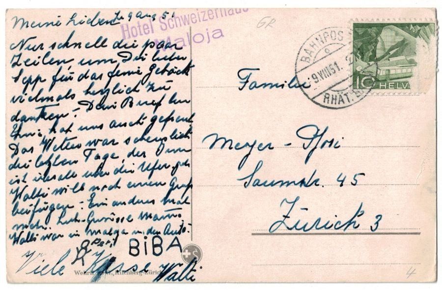 Ansichtskarten: Maloja, Stempel Hotel Schweizerhaus 1951 – Gebraucht aus Frauenfeld von POML 1