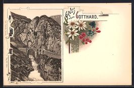Litho Gotthard, Wasserfall mit Brücke, 