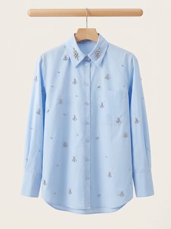 ZARA Elegante Oversize-Bluse  Strass-Verzierung Blau Gr .L